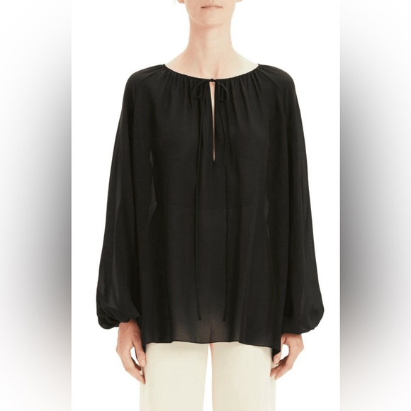 THEORY Silk Gathered Slit Neck Long Sleeve Blouse Top Size M - Picture 10 of 12
